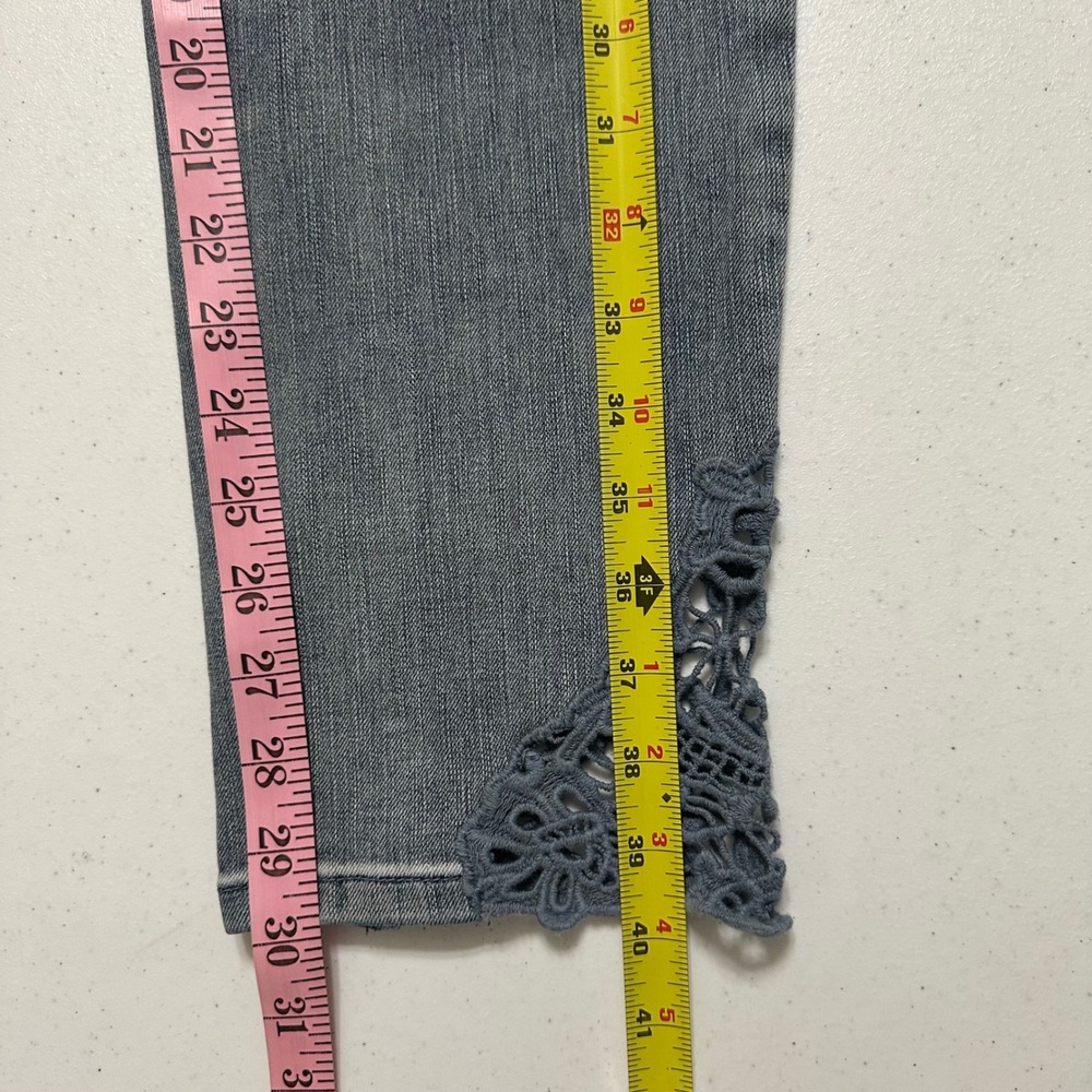 Soft Surroundings Lace Hem Slim Straight Jeans Medium Wash Denim Blue Boho 12T - Picture 8 of 8